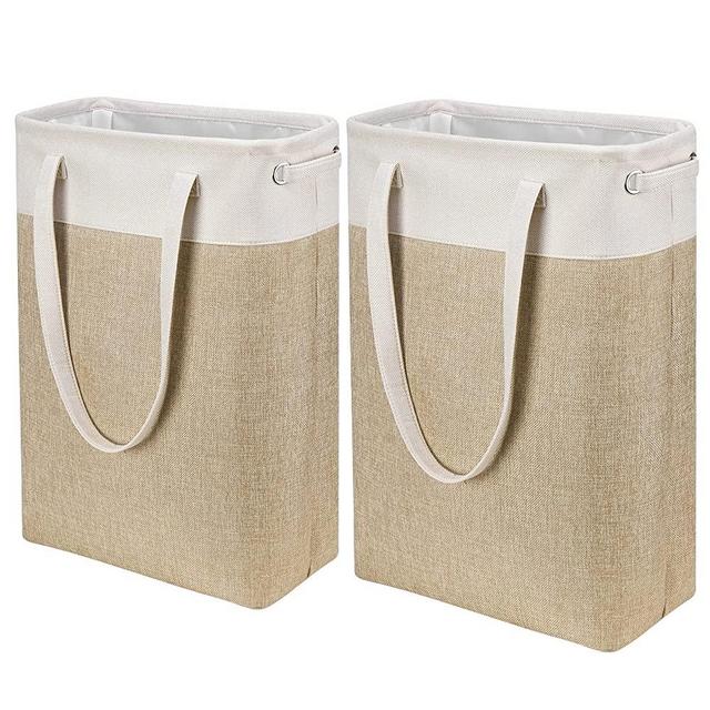Laundry Hampers Tall Slim Laundry Baskets Large Foldable Clothes Hamper Narrow Hamper for Laundry Storage Organizer Collapsible Hamper Laundry with White and Brown Imitated Burlap Patchwork,QY-SC24-2