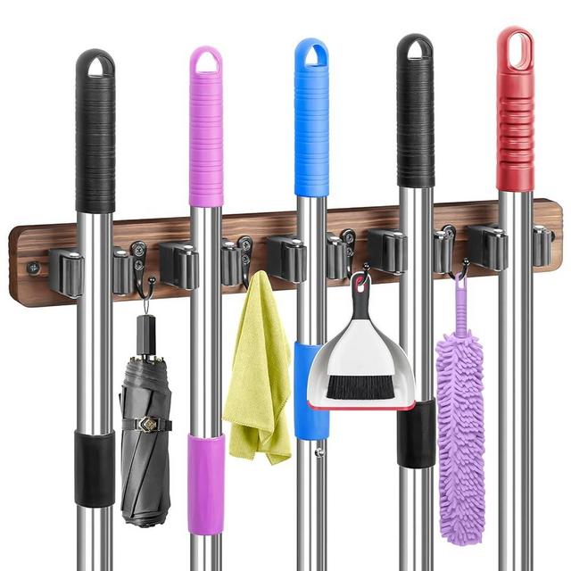 IMILLET Broom Holder Wall Mount, Wood Broom Holder with 5 Racks and 4 Hooks Broom Organizer, Laundry Room Organization and Storage, Mop Holder for Home Organization, Garden, Garage, Kitchen, Closet