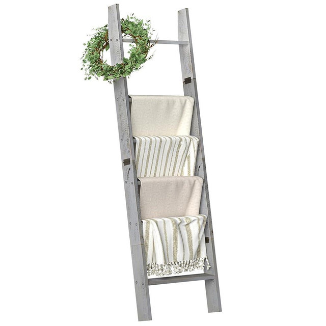 Honest Blanket Ladders for The Living Room, 6-Tier Blanket Holder, Wall-Leaning Blanket Rack, Ladder Shelves, Wooden Quilt Ladder, Farmhouse Decor, Grey