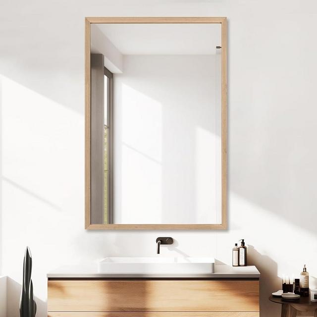 TheiaMo 36"x24" Bathroom Mirror with Natural Wood Frame for Wall, Large Rectangle Vanity Mirror Rustic Farmhouse Decor Mirror, Anti-Rust Explosion-Proof, Hangs Horizontally or Vertically, Solid