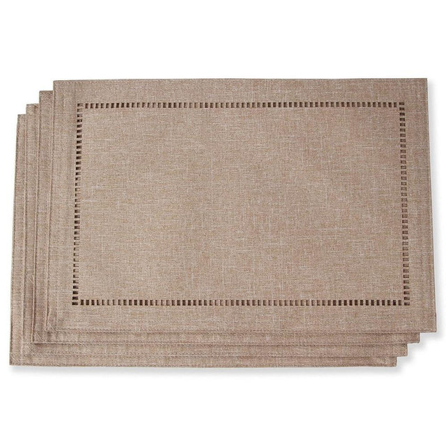 Tosewever Set of 4 Decorative Linen Placemats 12 x 18 Inches, Farmhouse Style Table Mats for Everyday Dining Wedding Party Holiday Home Decor (4 Pieces 12 x 18”, Light Coffee/Straight)