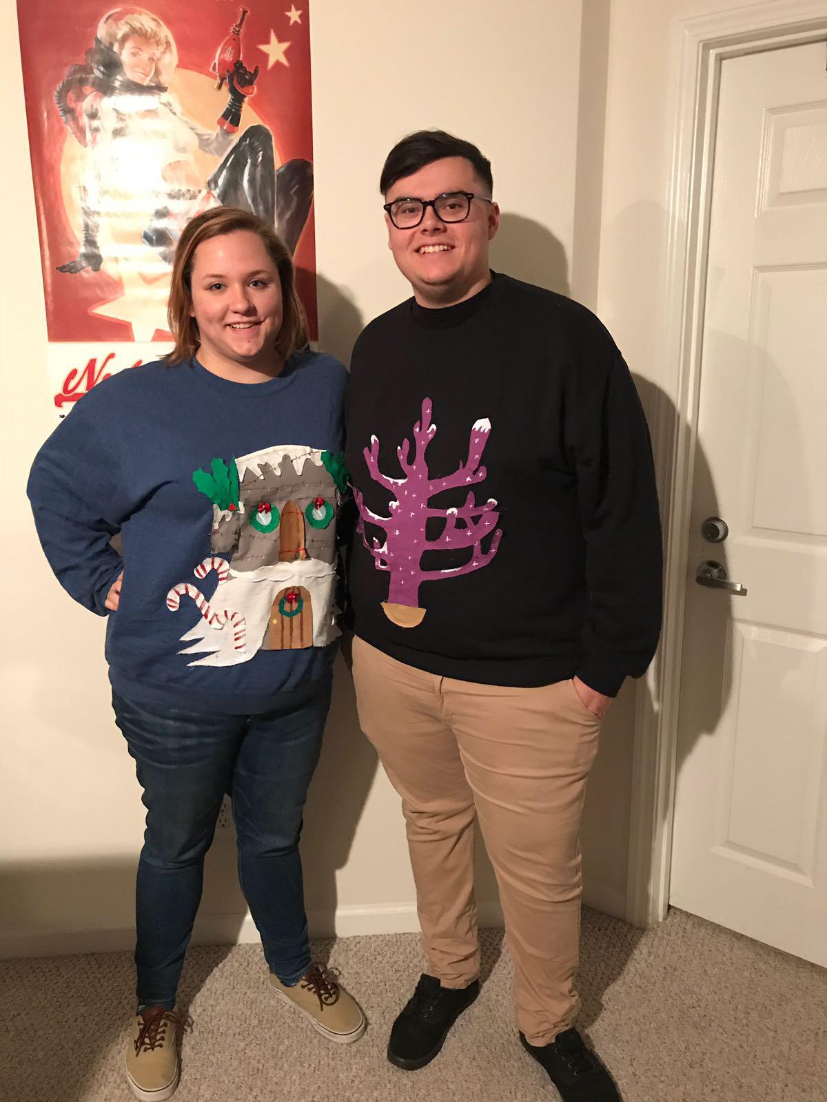Wearing Sidney’s handmade Spongebob Christmas sweaters