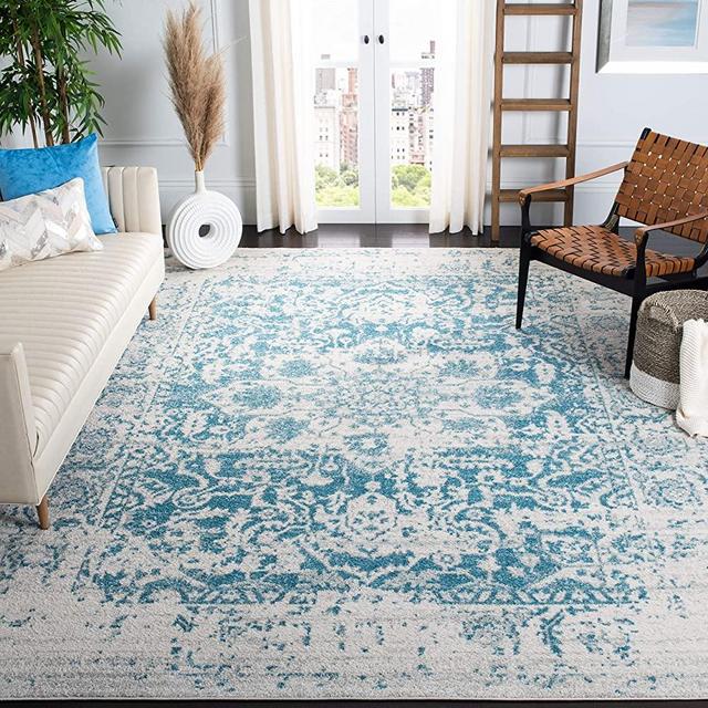 SAFAVIEH Madison Collection 9' x 12' Teal Ivory MAD603J Oriental Snowflake Medallion Distressed Non-Shedding Living Room Bedroom Dining Home Office Area Rug