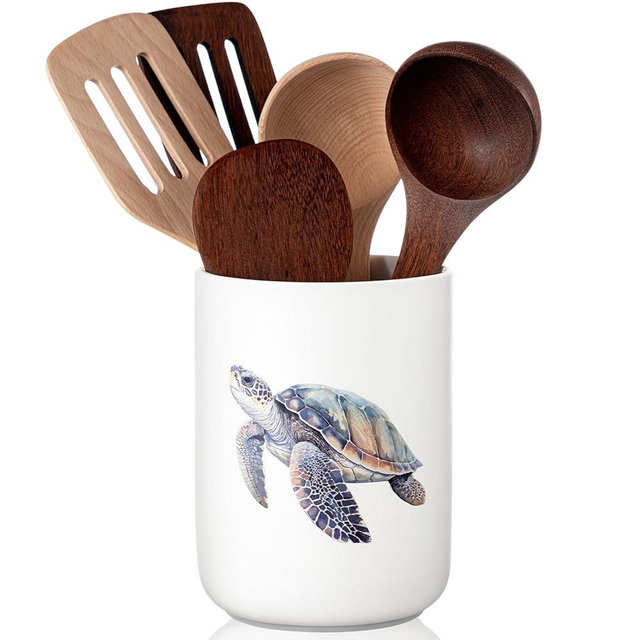 Sawysine Turtle Ceramic Utensil Holder Kitchen Crock Storage Accessories Decoration for Home Farmhouse Kitchen Countertop Storage Organizer Container Gifts