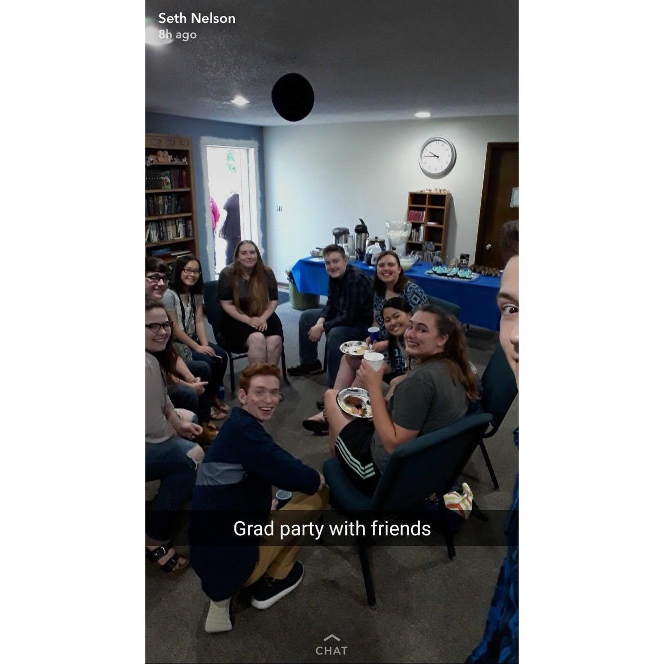 This photo is a photo of some friends at a grad. party. Before we even knew we both existed we had no idea that we were friends with the same people.