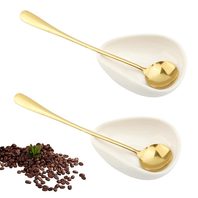 Spoon Rest for Coffee Bar - White Coffee Spoon Holder with Gold Stirring Spoon, Small Functional Utensil Holder for Kitchen Counter, Cute Spoon Rest for Coffee Station