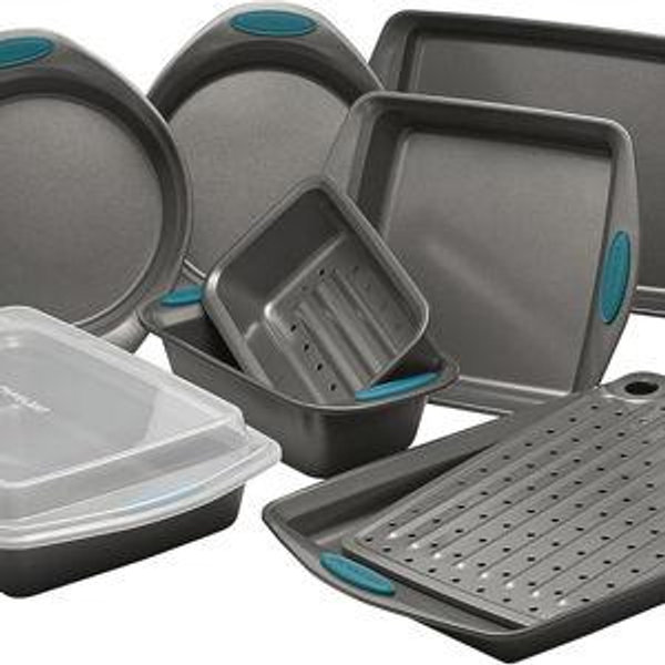 Rachael Ray Nonstick Bakeware Set with Grips includes Nonstick Bread / Baking Pans, Cookie / Baking Sheet and Cake Pans - 10 Piece, Gray with marine blue grips