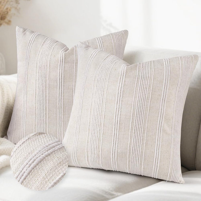 AELS 20x20 Decorative Farmhouse Linen Throw Pillow Covers, Beige with Creamy White Chenille Striped Pillow Case, Set of 2, Boho Textured Cushion Cover for Sofa Couch Living Room (Cover ONLY)
