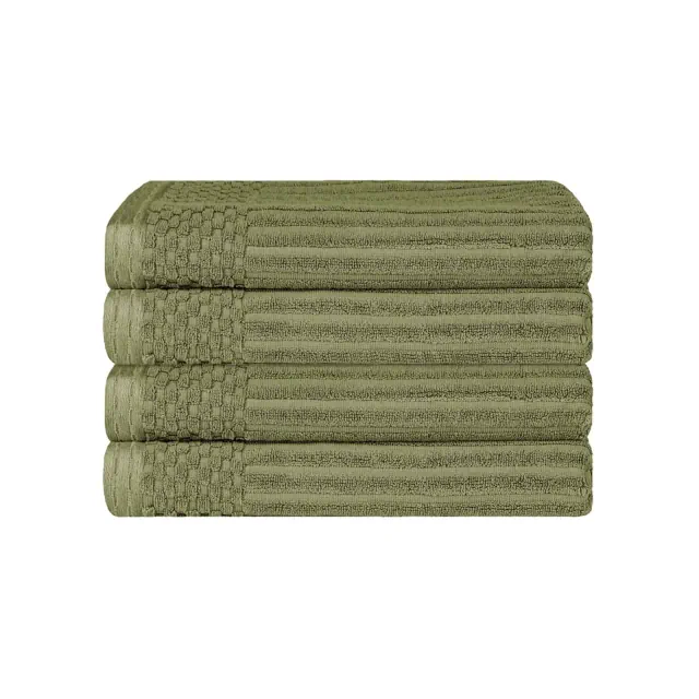 Plush Cotton Ribbed Checkered Border Medium Weight 4 Piece Bath Towel Set, Sage - Blue Nile Mills