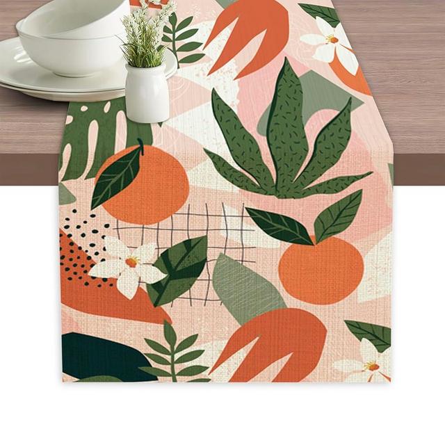 Orange Floral Leaf Boho Modern Table Runner Dresser Scarves Seasonal Linen Tablerunner for Indoor Outdoor Kitchen Home Party Holiday Dining Table Decor 13 X 70 Inch