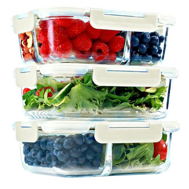 1 & 2 & 3 Compartment Glass Meal Prep Containers (3 Pack, Beige) - Glass Food Storage Containers with Lids, Glass Bento Box Containers, Portion Control, Airtight, Oven & Freezer safe