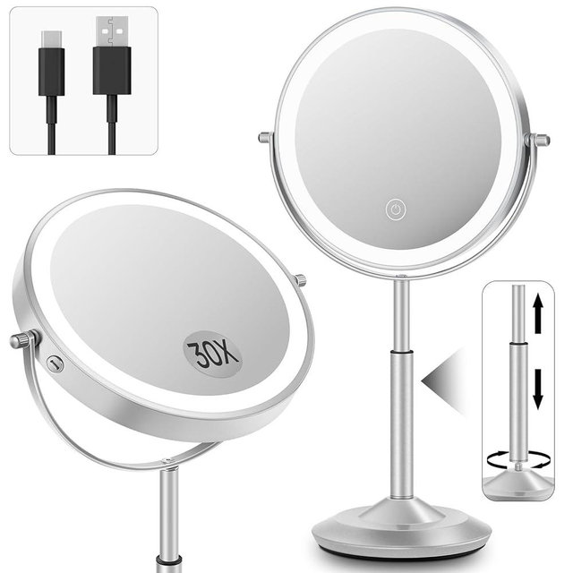 vpu Makeup Mirror with Lights, 1X/30X Lighted Magnifying Mirror Height Adjustable, 3000mAh Rechargeable Double Sided Vanity Mirrors with 3 LED Lighting and Adjustable Brightness for Desk Women Gift