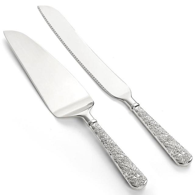 Dicunoy 2 PCS Wedding Cake Knife and Server Set, Silver Cake Cutting Set, Vintage Engraved Cake Cutter and Elegant Serving Spatula for Birthday, Party, Anniversary