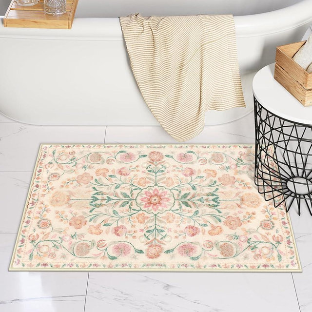 Uphome Bathroom Rugs Beige Boho Bathroom Mat Soft Luxury Non-Slip Vintage Bath Rug Machine Washable Farmhouse Distressed Floral Toilet Mat for Shower Bathtub Door Mat, 20x32 inch