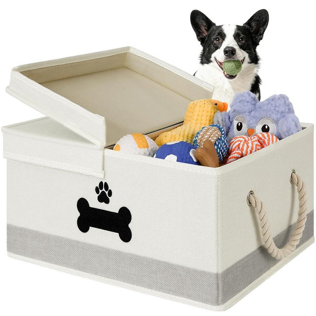 GreenPetopia Dog Toy Basket with Double-Open Lid, Divided Dogs Basket for Toys, Collapsible Pet Toys Box, Dog Storage Organizer with 2 Divided Area, Puppy Toy Baskets with Rope Handles, Beige & Gray