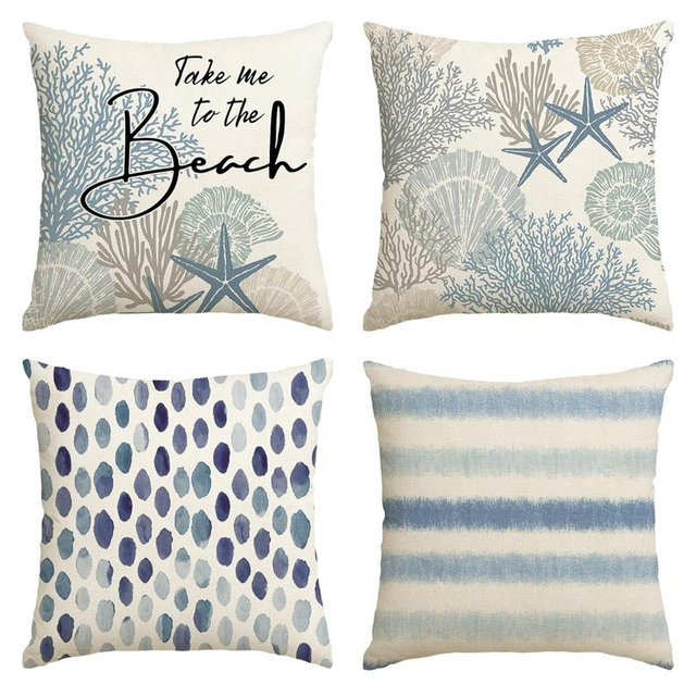 AVOIN colorlife Take Me to The Beach Summer Throw Pillow Covers, 18 x 18 Inch Blue Ocean Starfish Summer Cushion Case for Sofa Couch Set of 4