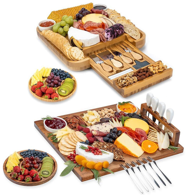 Flat Acacia Wood Cheeseboard & 1 Side Bamboo Charcuterie Boards Gift Set