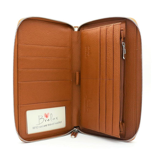 Brelox Travel Wallet Family Passport Holder - RFID Document Organizer for 4 5 6 passports - Genuine Leather - Brown