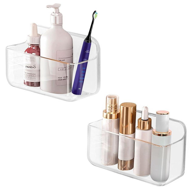 CGBE 2 Packs Cabinet Door Organizer, Acrylic Adhesive Shelf Wall Mounted Storage, Self Adhesive Shower Shelves without Drilling, Automatic Draining Clear Shower Organizer for Bathroom