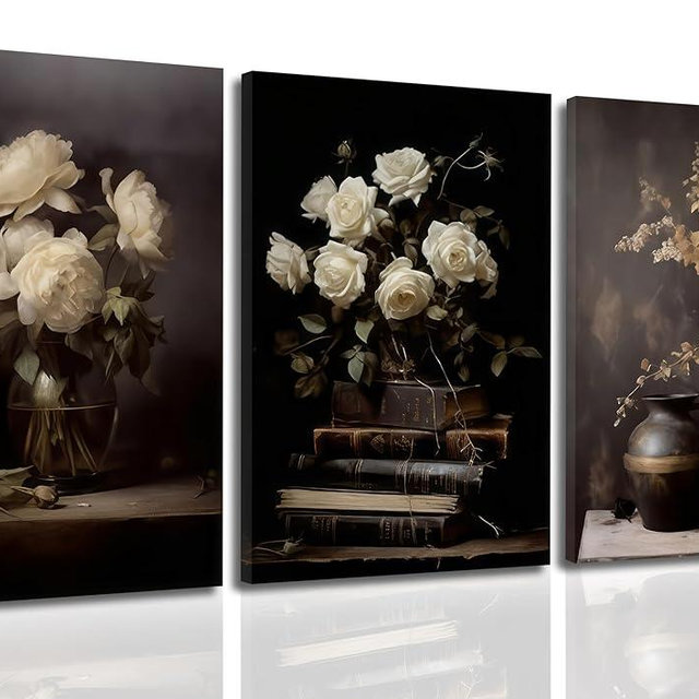 Vintage Moody Flower Wall Art Dark Floral Canvas Rustic Wall decor Black Botanical Farmhouse Painting Picture Dark Academia Poster Still Life Vase Book Rose Prints Artwork for Living Room Bedroom