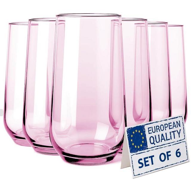 Biandeco Pink Drinking Glasses Set of 6 | 16 oz Pink Glass Cups for Cocktails, Barware, Juice, Ice Tea, Water, Tumblers & Highball | Elegant Drinkware for Parties and Everyday Use