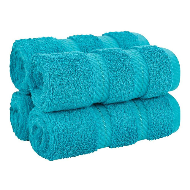 American Soft Linen Luxury Washcloths for Bathroom, 100% Cotton 4 Piece Turkish Wash Cloth Set, 13x13 in Soft Rags for Body and Face, Aqua Blue Washcloths