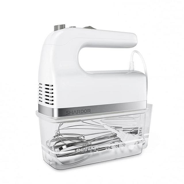 SHARDOR Hand Mixer Electric 350W Power Advantage Electric Handheld Mixers with 5 Stainless Steel Attachments(2 Beaters, 2 Dough Hooks and 1 Whisk), Storage Case, White