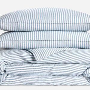 Washed European Linen Duvet Set - Oxford Stripe in Storm Chambray