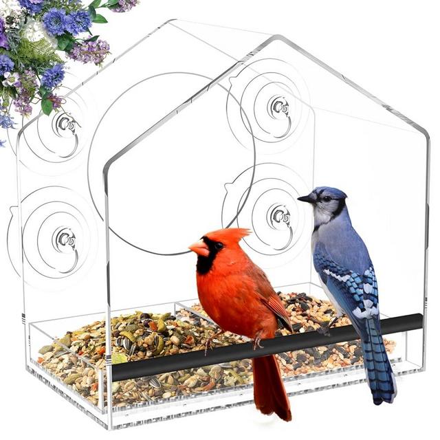 Jarkyfine Window Bird Feeder with Strong Suction Cups - Clear Window Bird Feeders for Viewing, Transparent Acrylic Bird Feeder for Window, Nothing to Assemble, Gifts for Mom Grandma Bird Lovers