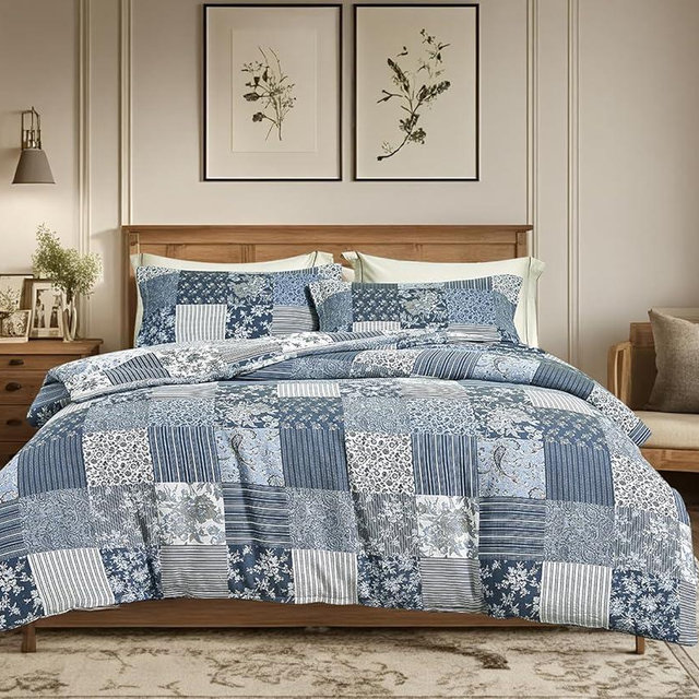 SLEEPBELLA Washed Double Layer Muslin 100% Cotton Comforter Set King Size, Boho Blue Patchwork Fluffy Thick Checked Bedding Set, Soft Breathable (1 Comforter, 2 Pillow Shams)