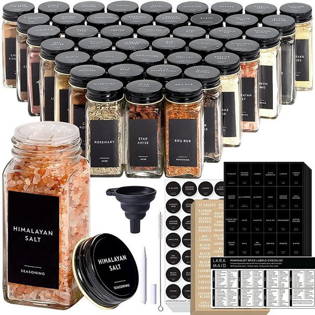 Laramaid 4oz 36Pack Glass Jars with 640 Minimalist Black Vinyl Spice Labels, Shaker Lids Dispenser with Airtight Black Metal Caps, White Pen, Cleaning Brush & Collapsible Silicone Funnel Complete Spice Jar Set