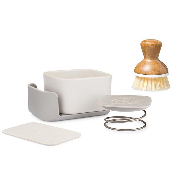 Full Circle Bubble Up Combo - Elegant Gray Ceramic Soap Dish with Eco Sponge & Bamboo-Handled Dish Brush - Versatile Natural Kitchen Cleaning Set Tool for Pots, Pans, Counter & Sink, White