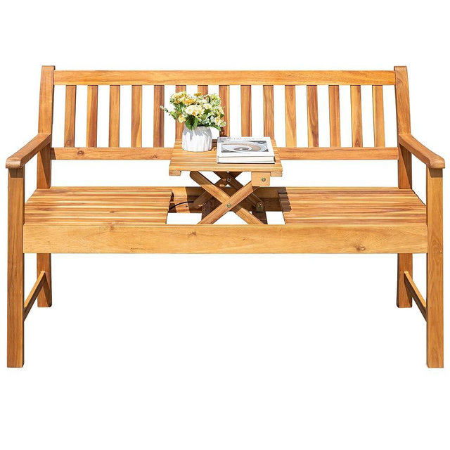 Greesum Outdoor Bench 2-Person Acacia Garden Chair Patio Porch Furniture with Foldable Small Table Plate for Deck, Yard, Balcony, Natural