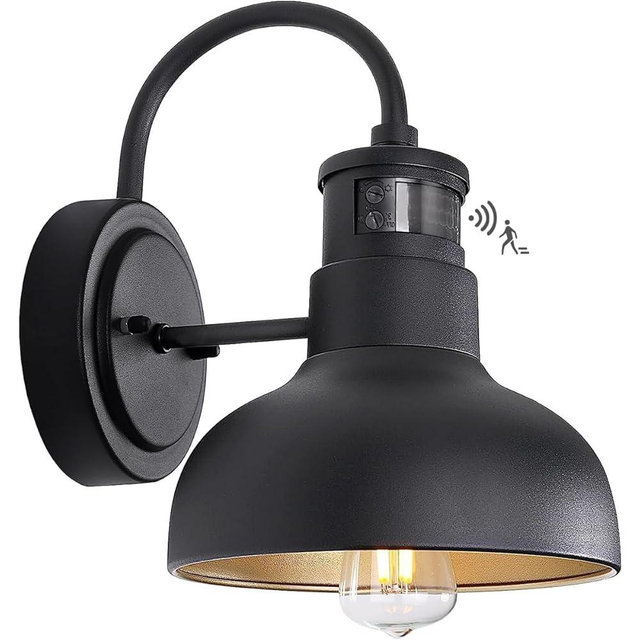 GOALPLUS 7in Motion Sensor Outdoor Barn Wall Lights Dusk to Dawn Exterior Gooseneck Lighting Wall Mount Small Dome Gooseneck Porch Wall Sconce Black Farmhosue External Garage Barn Lights