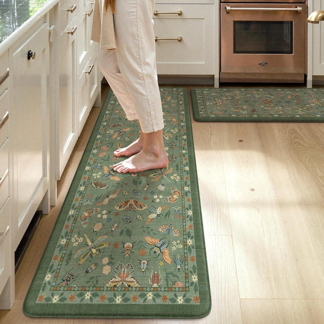 LEEVAN Anti Fatigue Mats for Kitchen Floor Non-Slip, Cushioned Kitchen Mats for Floor 17.3''x29''+17.3''x59'', Green Memory Foam Kitchen Mat Set
