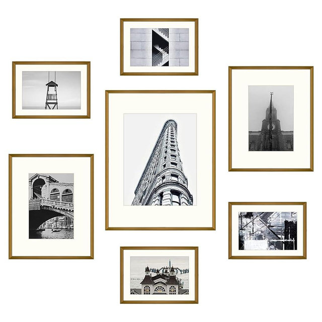 Frametory, Aluminum Gallery Wall Frame Set with Ivory Color Mat - 7 Pack of Metal Picture Frames with Real Glass - Four 5x7, Two 8x10, One 11x14 - Great for Photos, Artworks, Posters (Bronze)