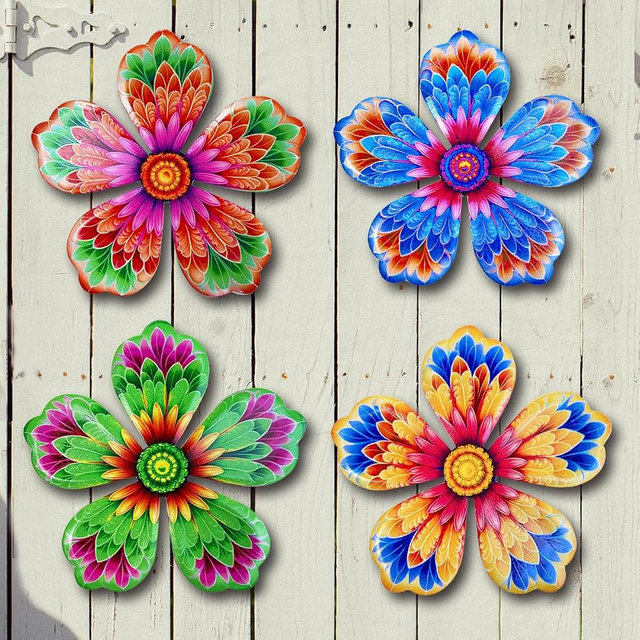 Giyyomtr Metal Flowers Wall Decor - 4pcs 6.2'' Metal Wall Art Hanging Decorations for Outdoor Fence Garden Yard Patio Exterior Wall Decor