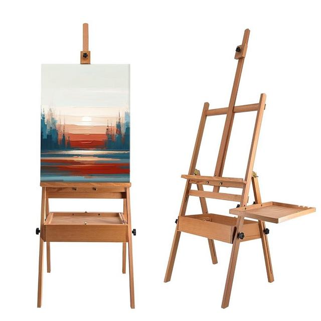 Stuelloaf Large Solid Beech Wood Painting Easel with Storage Drawer and Palette (60"~75" H), H-Frame Foldable Wooden Easel Stand with Signature Box for Adults and Students, Holder up to 36''