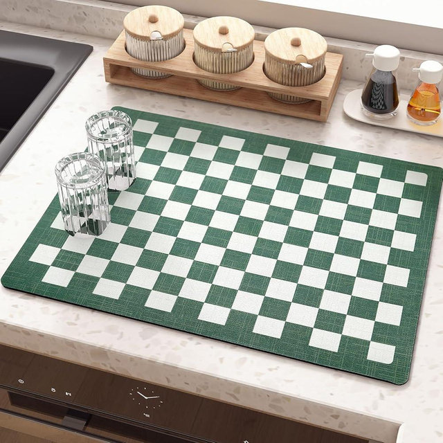 Color&Geometry Plaid Dish Drying Mats: Super Absorbent Kitchen Counter Matt, Heat Resistant, Easy Clean, Self Drying Coffee Matt- Green, 12"x15.7"