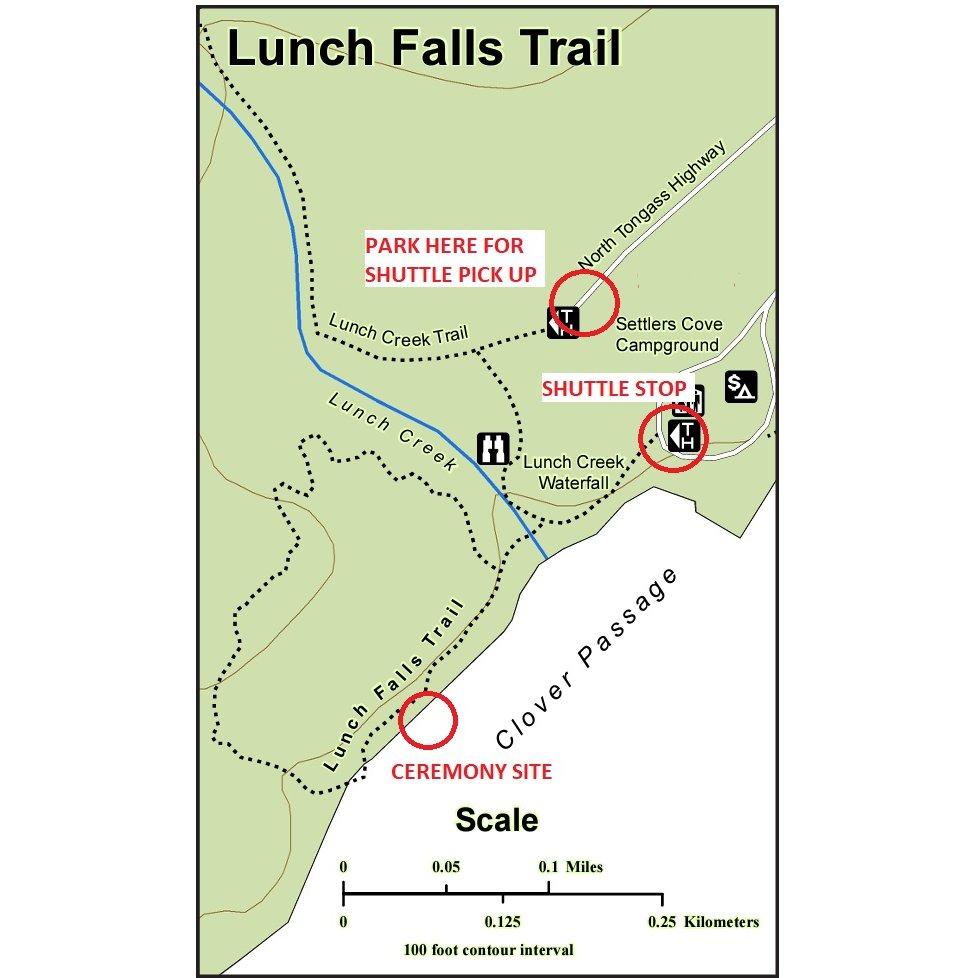 Park at the end of North Tongass Hwy. A shuttle will pick you up and deliver you to the trail that begins at the campground. Otherwise chose a short, steep maintained hike down to the ceremony site.