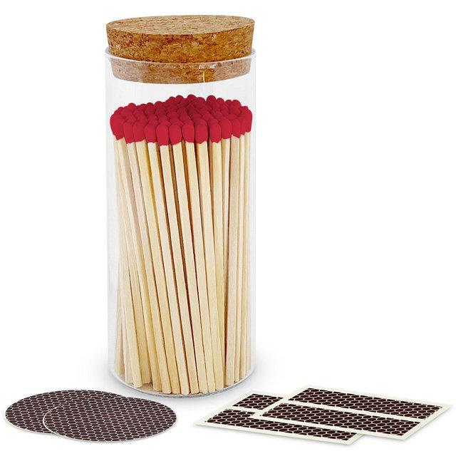 4” Cherry Red Artisan Matches (100 ct) in a Large Chic Glass Jar, Cork Lid (Striking Stickers Included)