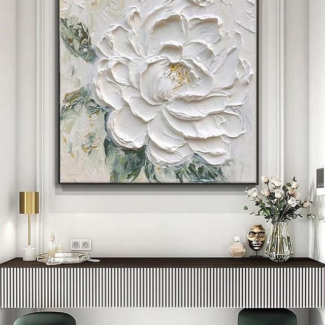 Hand Painted White Flower Oil Painting for Kitchen, Large 3D Floral Canvas Wall Art for Living Room, Framd Modern Wall Decor for Bedroom,Office Home Decor 32" x 32"