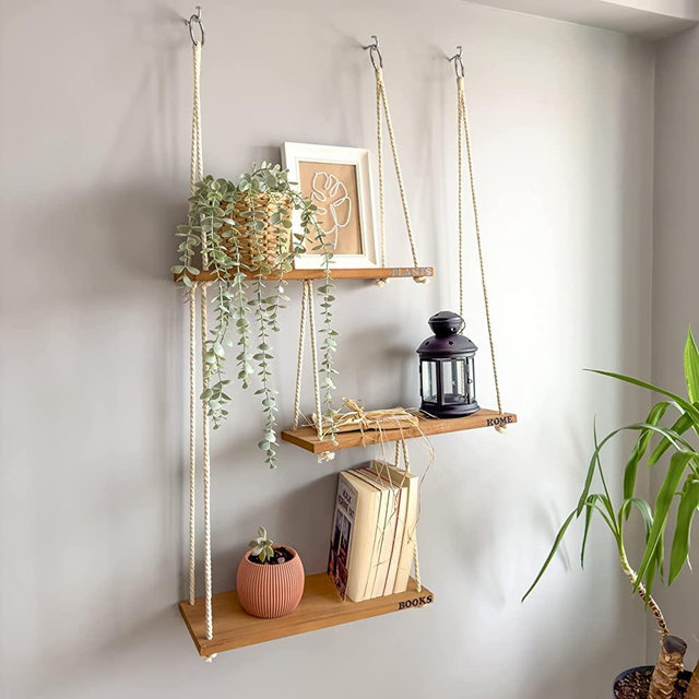 NWOOD Hanging Shelves for Wall with Customized Alphabet Stickers, Swing Floating Shelves, Wood Bookshelf, Rustic Boho Room Decor with Cotton Macrame Rope for Plants, Living Room, Bedroom and Kitchen