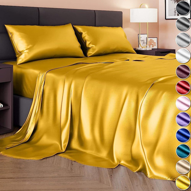 DECOLURE Satin Sheets Queen Size (4 Pieces, 8 Colors), Silky Satin Sheet Set -Satin Bed Set with 2 Pillowcase, Satin Fitted Sheet - Gold Satin Sheets, Queen Size Satin Sheets, Satin Bed Sheets Queen