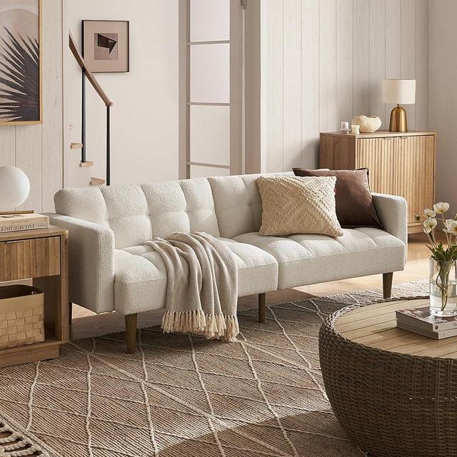 mopio Aaron Couch, Small Sofa, Futon, Sofa Bed, Sleeper Sofa, Loveseat, Mid Century Modern Futon Couch, Sofa Cama, Couches for Living Room, Bedroom (Pearl White, Boucle)