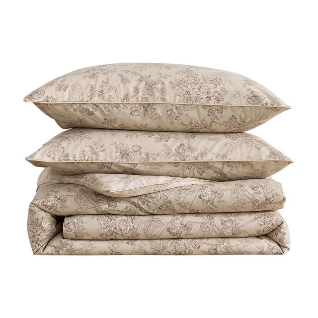Puralens Beige Floral Duvet Cover, Queen Size 100% Cotton Percale Shabby Flower Patterned Chic Bed Cover Set, Soft Crisp Zipper Reversible Comforter Cover Set, Luxury Vintage Toile Bedding, 3Pcs