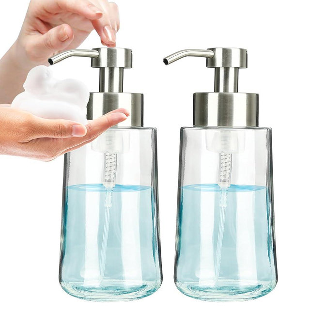 Doiliese Foaming Hand Soap Dispenser Set, 17 oz Large Glass Soap Dispenser, Foam Dispenser with Stainless Steel Pump & Waterproof Labels, Refillable Soap Bottles for Bathroom Countertop, 2 in 1