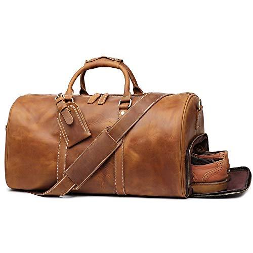 Leathfocus Leather Travel Luggage Bag, Mens Duffle Retro Carry on Handbag (Brown)