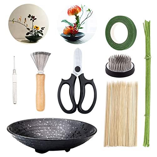 WANDIC Flower Arrangement Kit, Set of 51, Round Flower Holders, Ceramic Flower Pot, Kenzan Needle Cleaning Pin & Rake, Floral Stems and Floral Tape for Flower Arranging Art