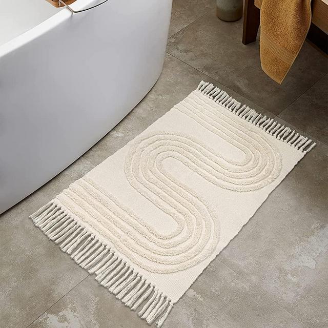 Boho Bathroom Rug 2' x 3',Washable Linear Tufted Throw Rug for Kitchen,Beige Woven Cotton Rug with Tassels for Bedroom,Small Accent Carpet for Entryway Laundry Room